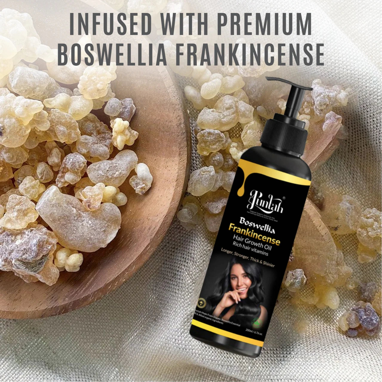 Frankincense essential oil bottle and diffuser with text overlay on a blurred background.